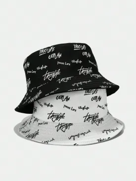 1pc Men's Reversible Sun Protection Fisherman Hat With Printed English Letter Design, Suitable For Daily Use.