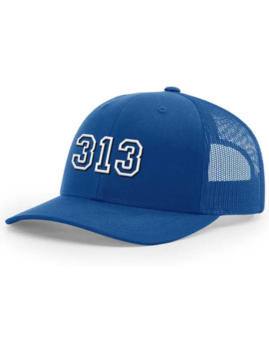 313 Snapback Trucker Hat - Raised Embroidery - White / Royal