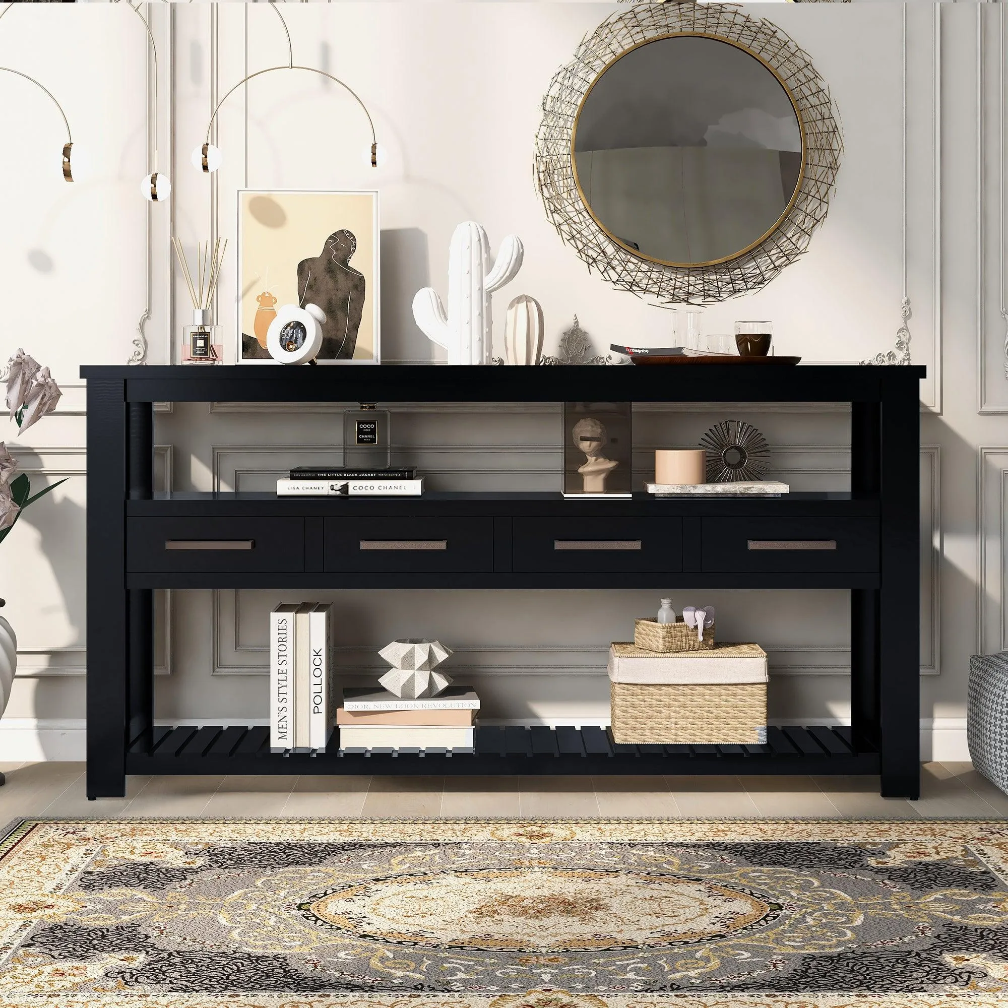 62.2" Modern Console Table Sofa Table for Living Room with 4 Drawers and 2 Shelves