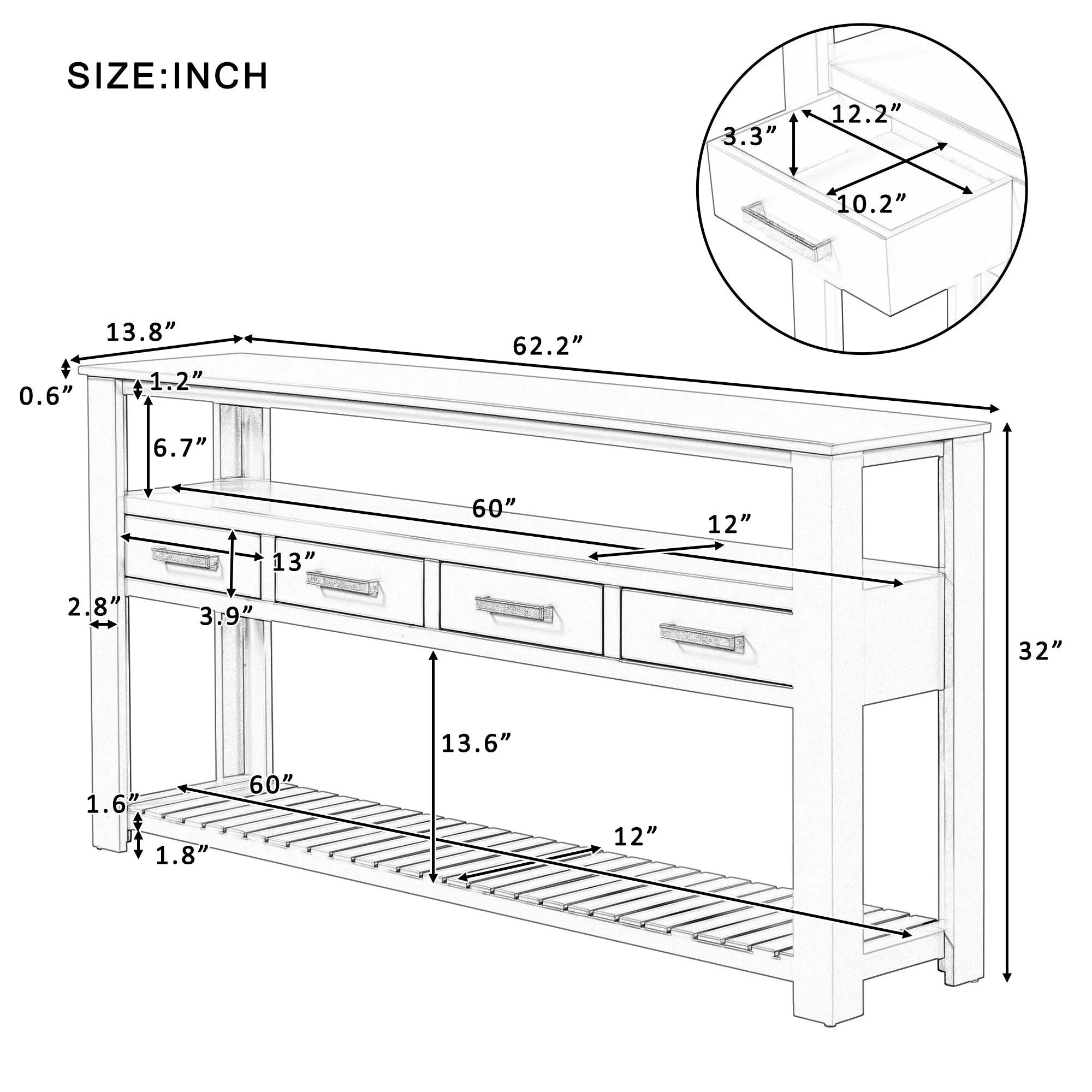 62.2" Modern Console Table Sofa Table for Living Room with 4 Drawers and 2 Shelves