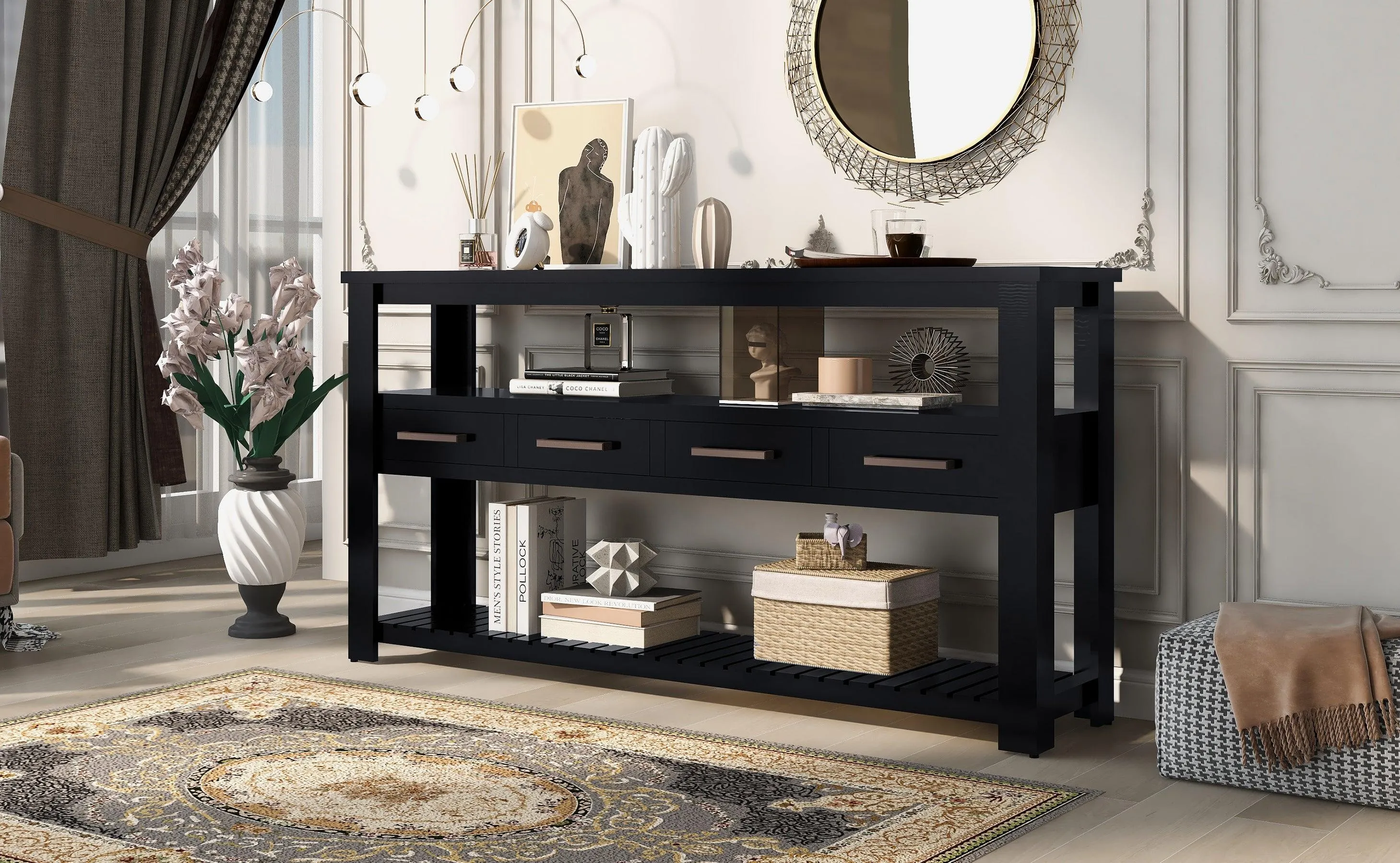 62.2" Modern Console Table Sofa Table for Living Room with 4 Drawers and 2 Shelves