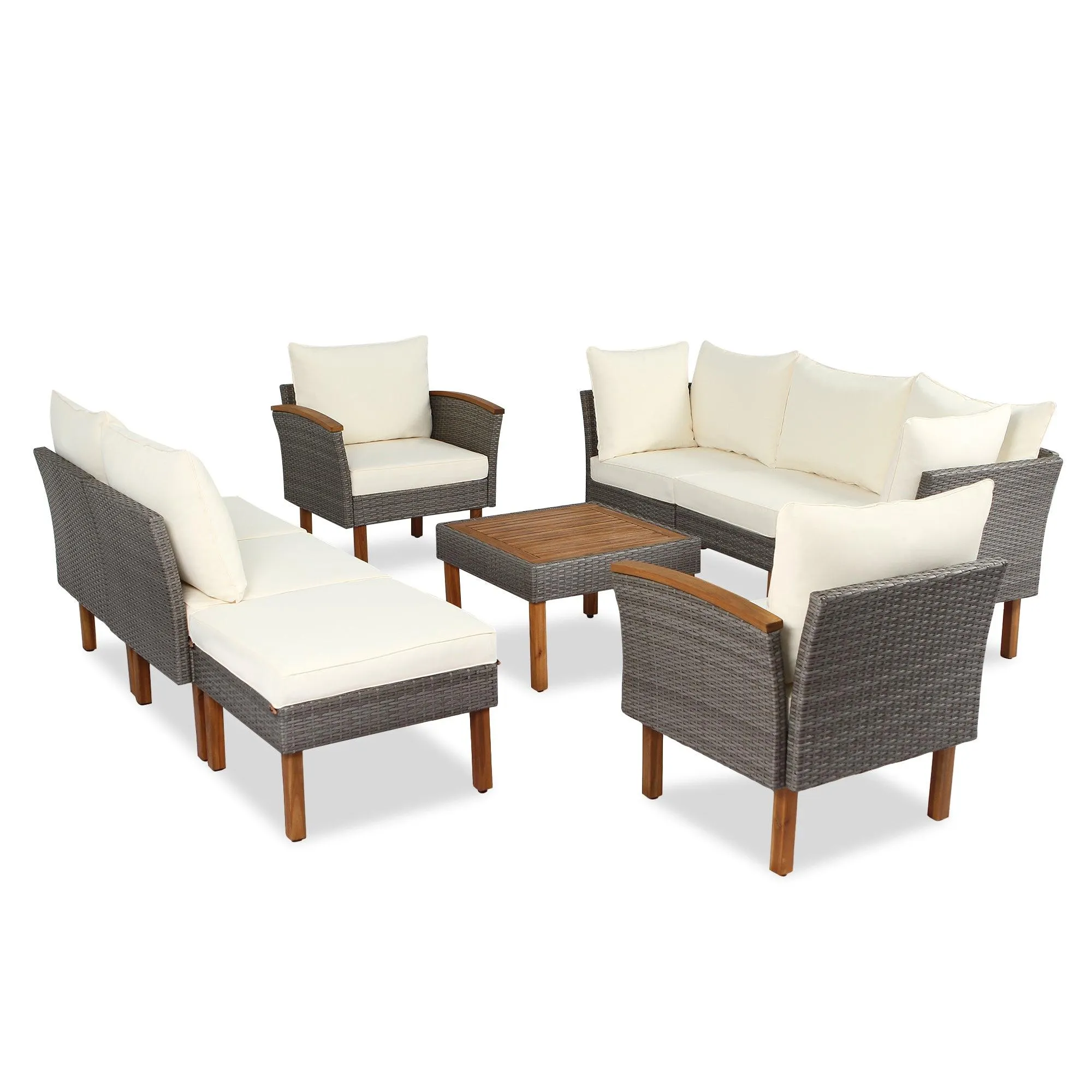 9-Piece Patio Rattan Furniture Set with Acacia Wood Legs, Sectional Sofa, Beige Cushions