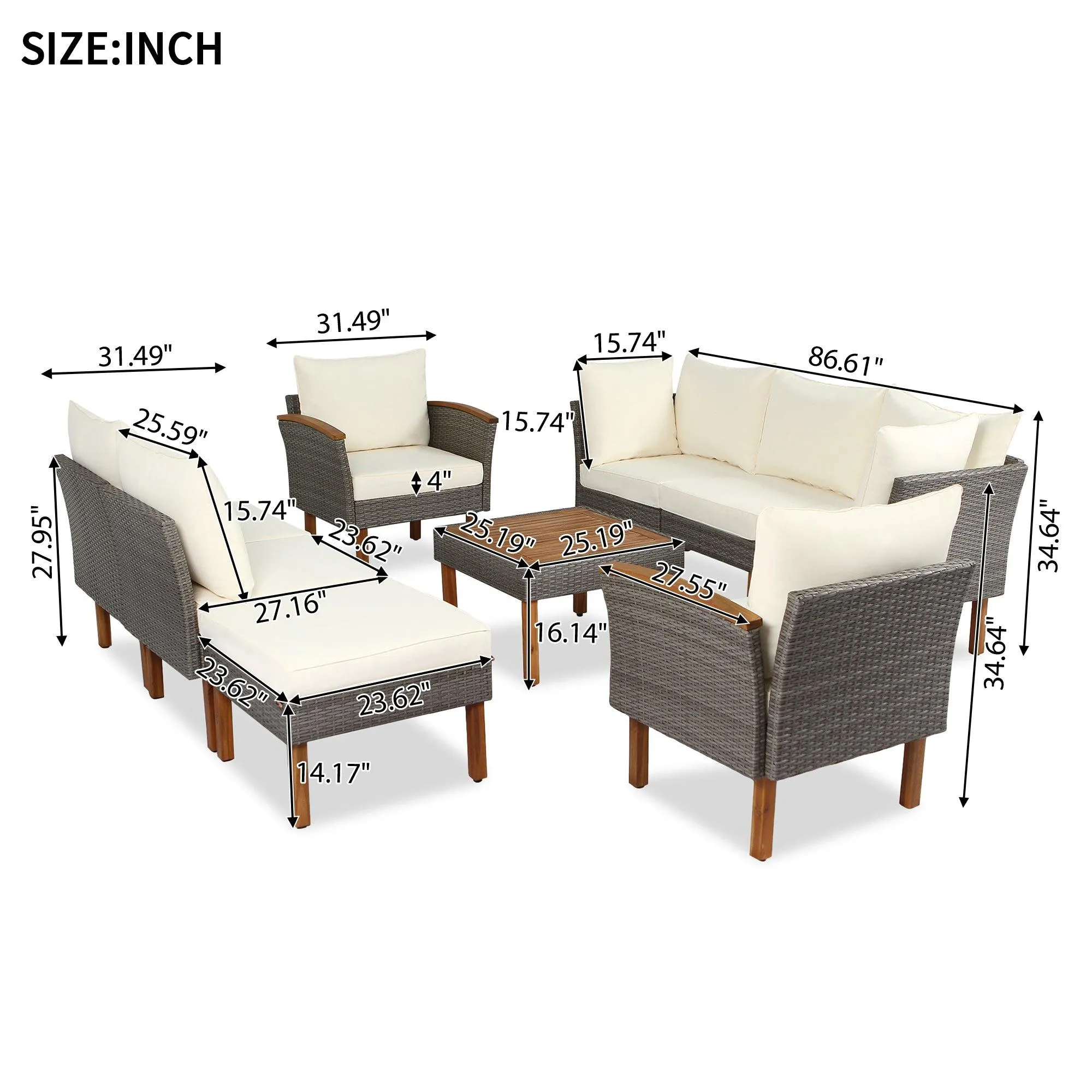 9-Piece Patio Rattan Furniture Set with Acacia Wood Legs, Sectional Sofa, Beige Cushions