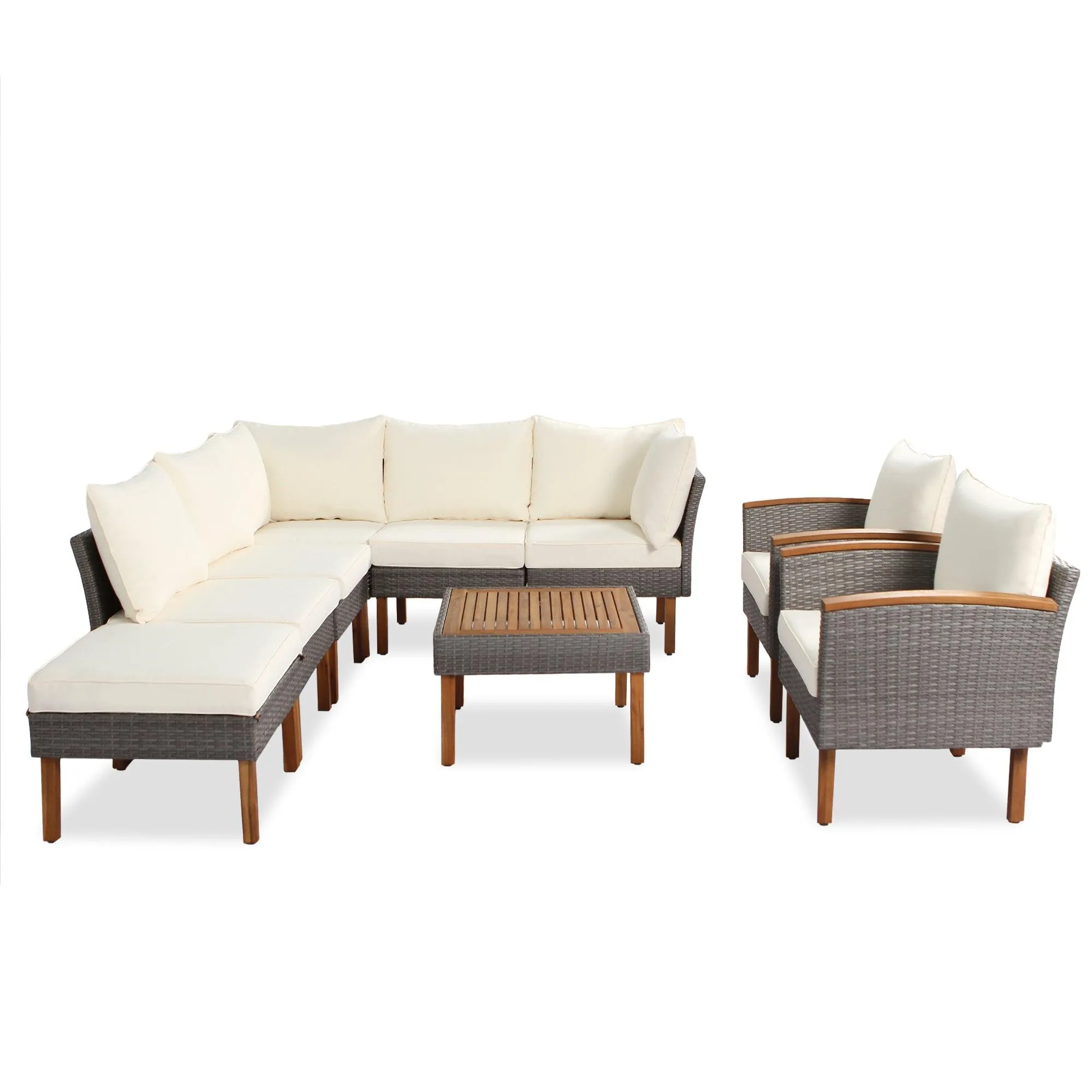 9-Piece Patio Rattan Furniture Set with Acacia Wood Legs, Sectional Sofa, Beige Cushions