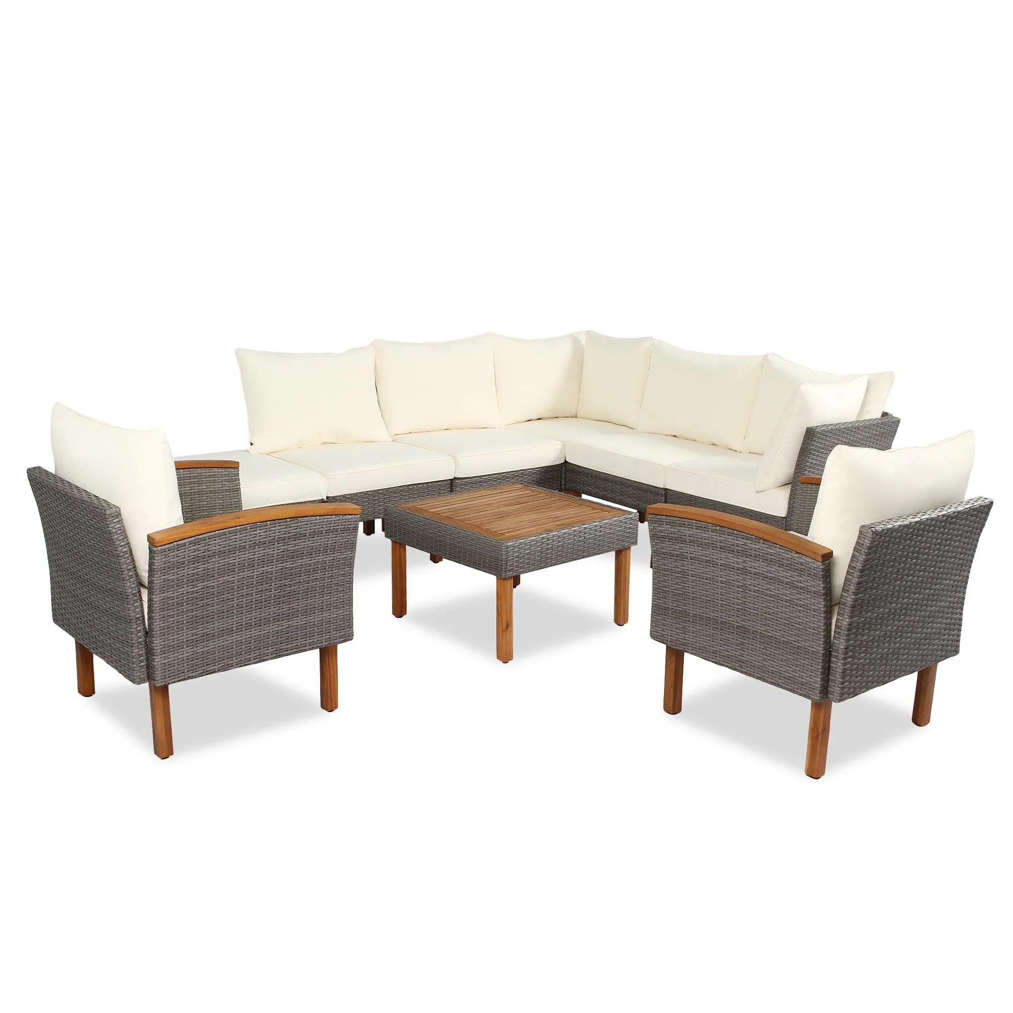 9-Piece Patio Rattan Furniture Set with Acacia Wood Legs, Sectional Sofa, Beige Cushions