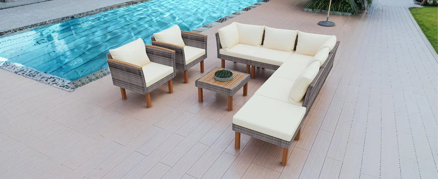 9-Piece Patio Rattan Furniture Set with Acacia Wood Legs, Sectional Sofa, Beige Cushions