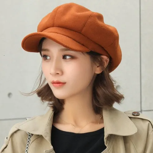 Adjustable Winter Beret for Women Solid Plain Octagonal Newsboy Cap