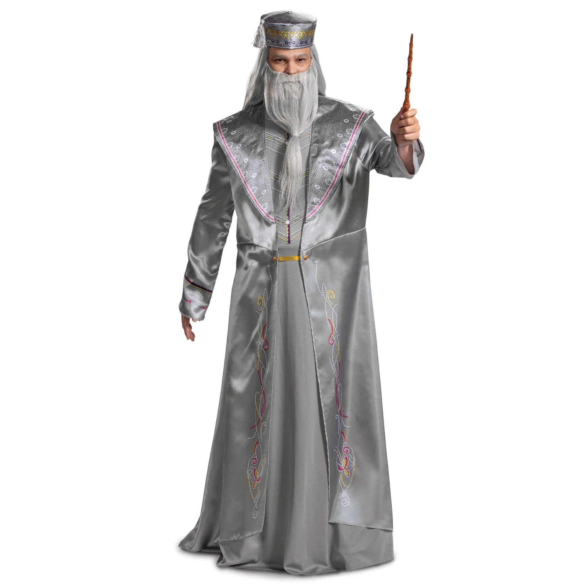 Albus Dumbledore Deluxe Costume for Adults, Harry Potter, Grey Printed Robe with Detachable Collar and Hat with Tassel