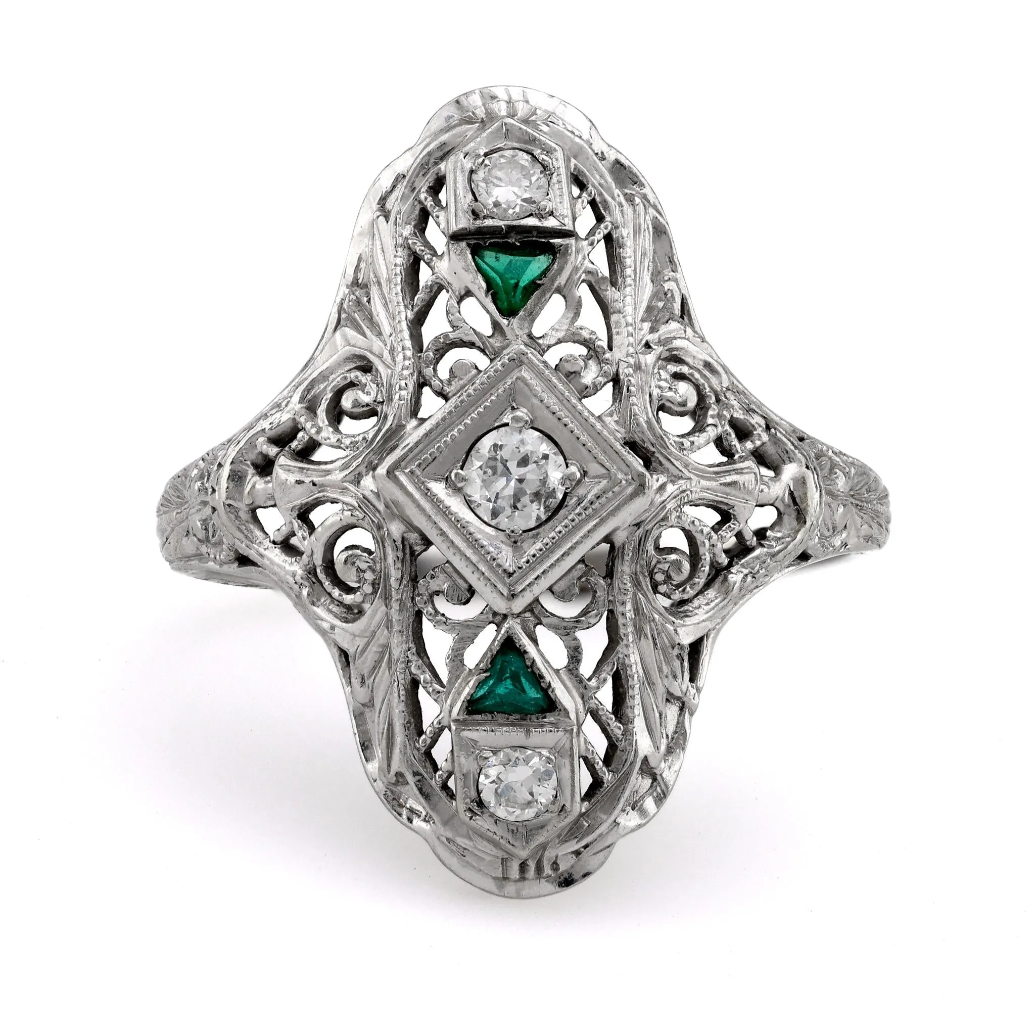 Art Deco Diamond Emerald Platinum Navette Ring