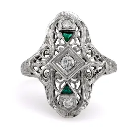 Art Deco Diamond Emerald Platinum Navette Ring