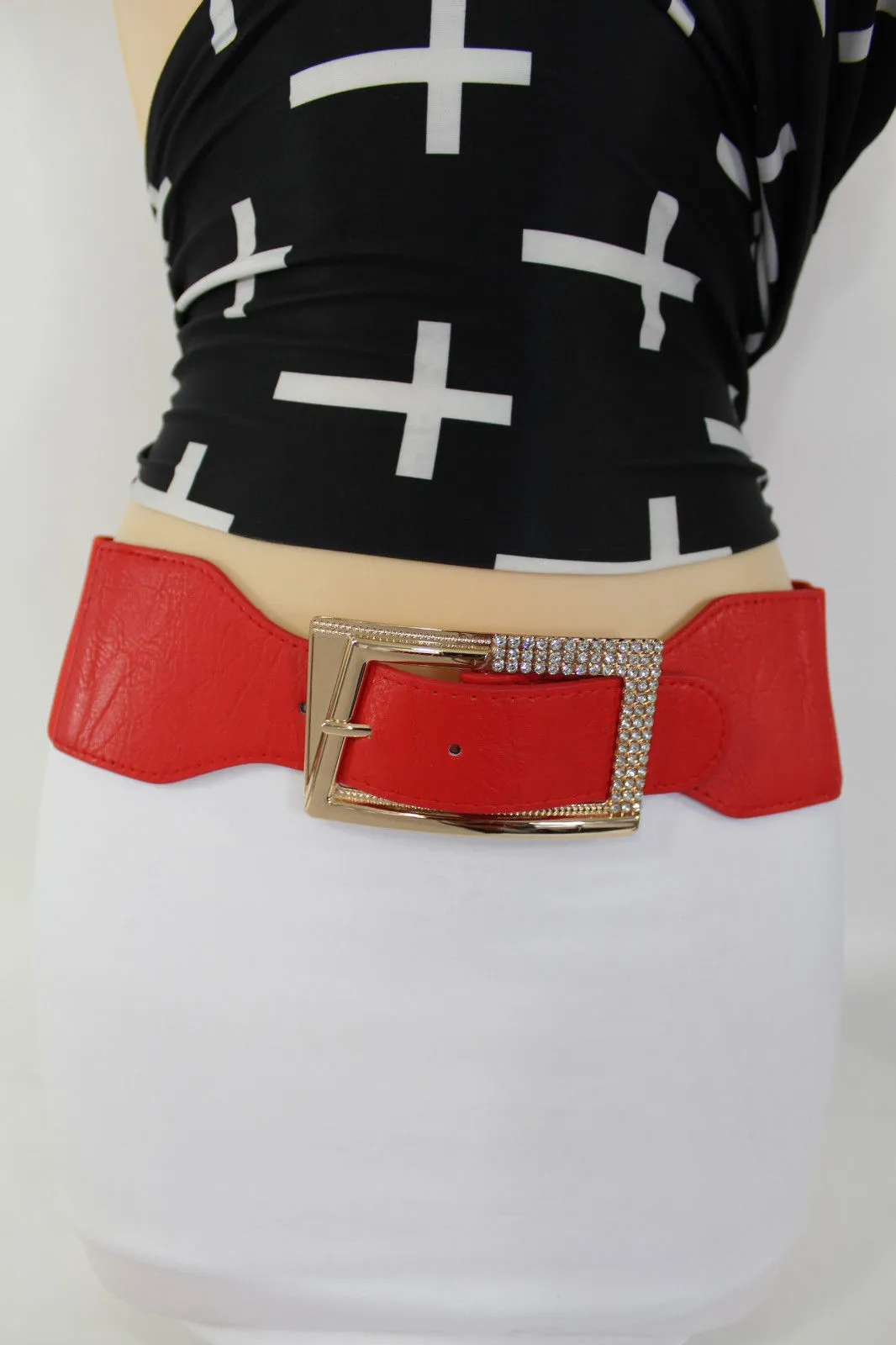 Brown Black Red Tie White Hip Waist Belt Big Gold Multi Rhinestones Buckle Women Plus Size M L