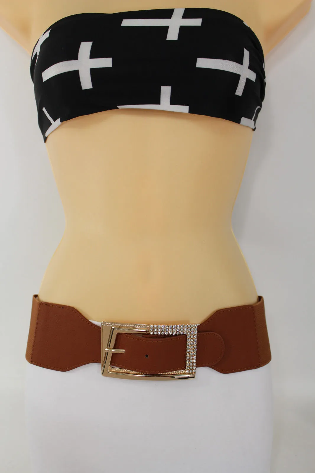 Brown Black Red Tie White Hip Waist Belt Big Gold Multi Rhinestones Buckle Women Plus Size M L