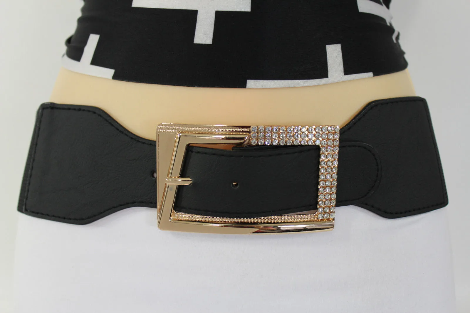 Brown Black Red Tie White Hip Waist Belt Big Gold Multi Rhinestones Buckle Women Plus Size M L