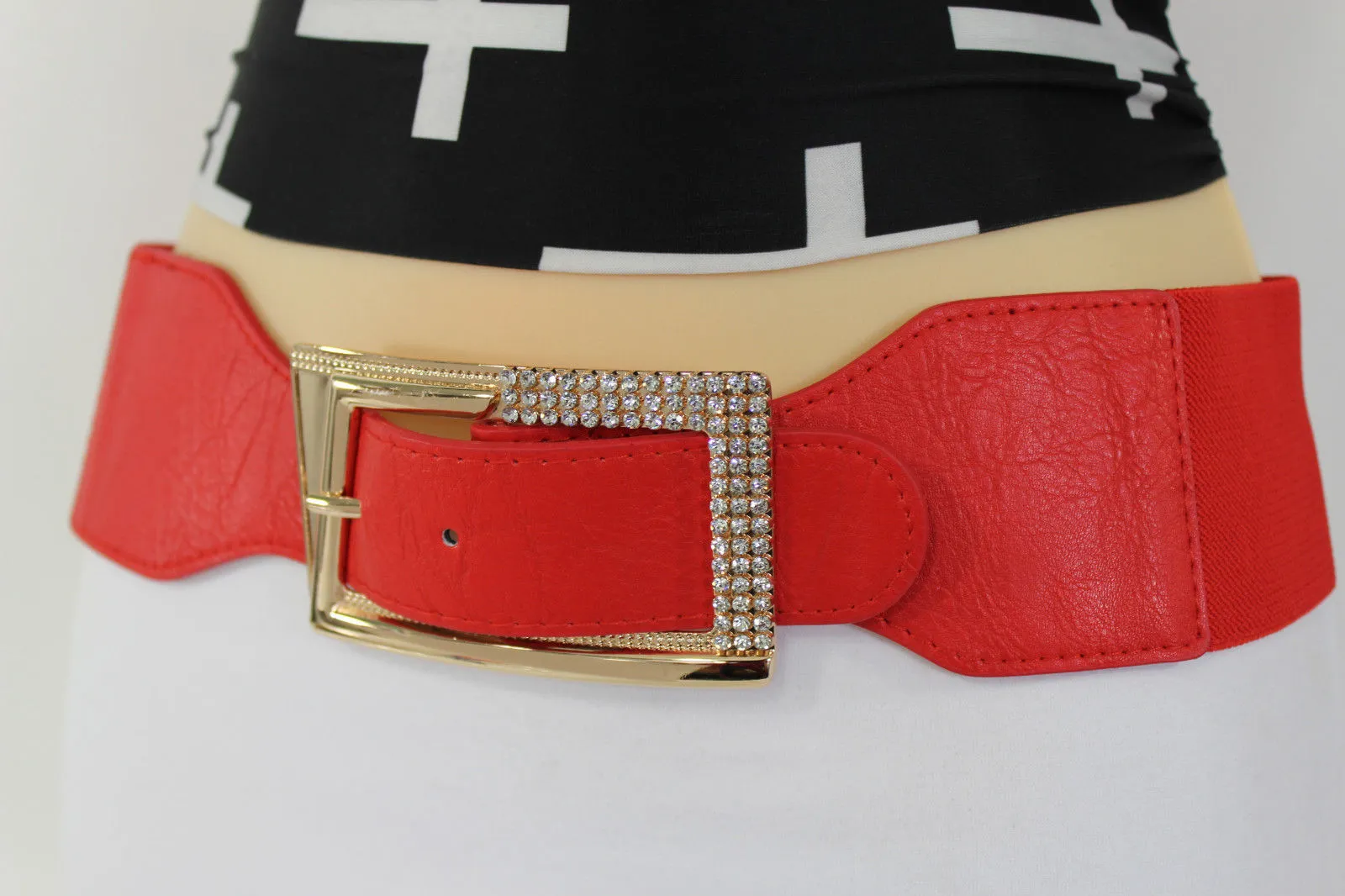 Brown Black Red Tie White Hip Waist Belt Big Gold Multi Rhinestones Buckle Women Plus Size M L