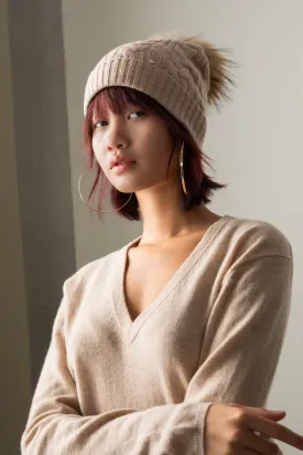 Cable Knit Pom Pom Hat - Sand