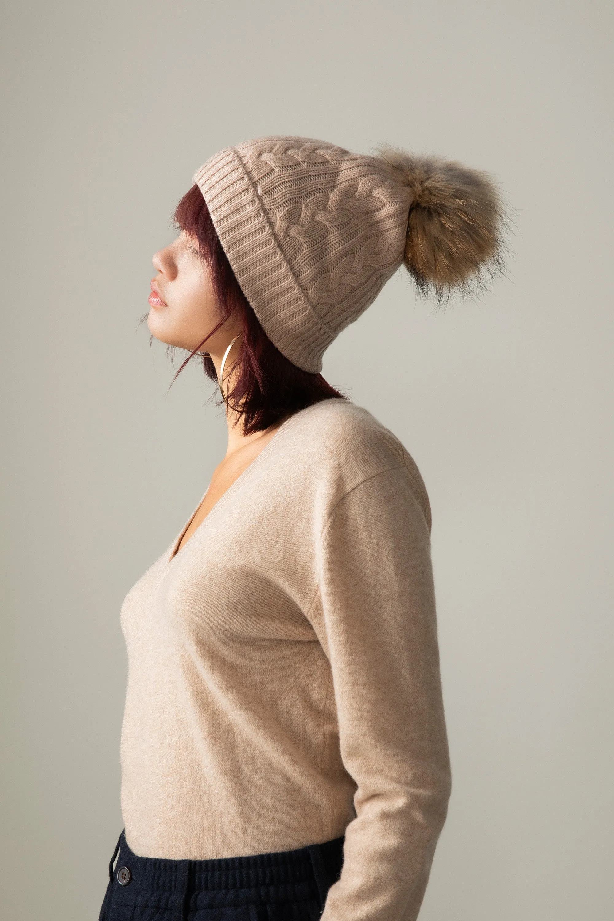 Cable Knit Pom Pom Hat - Sand