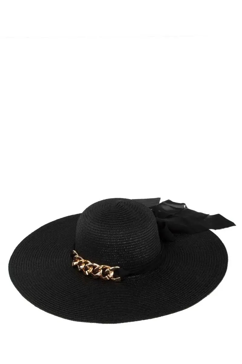 Chunky Chain Black Ribbon Straw Hat