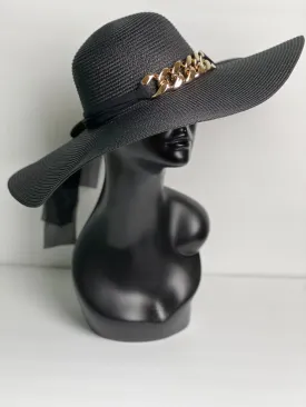 Chunky Chain Black Ribbon Straw Hat