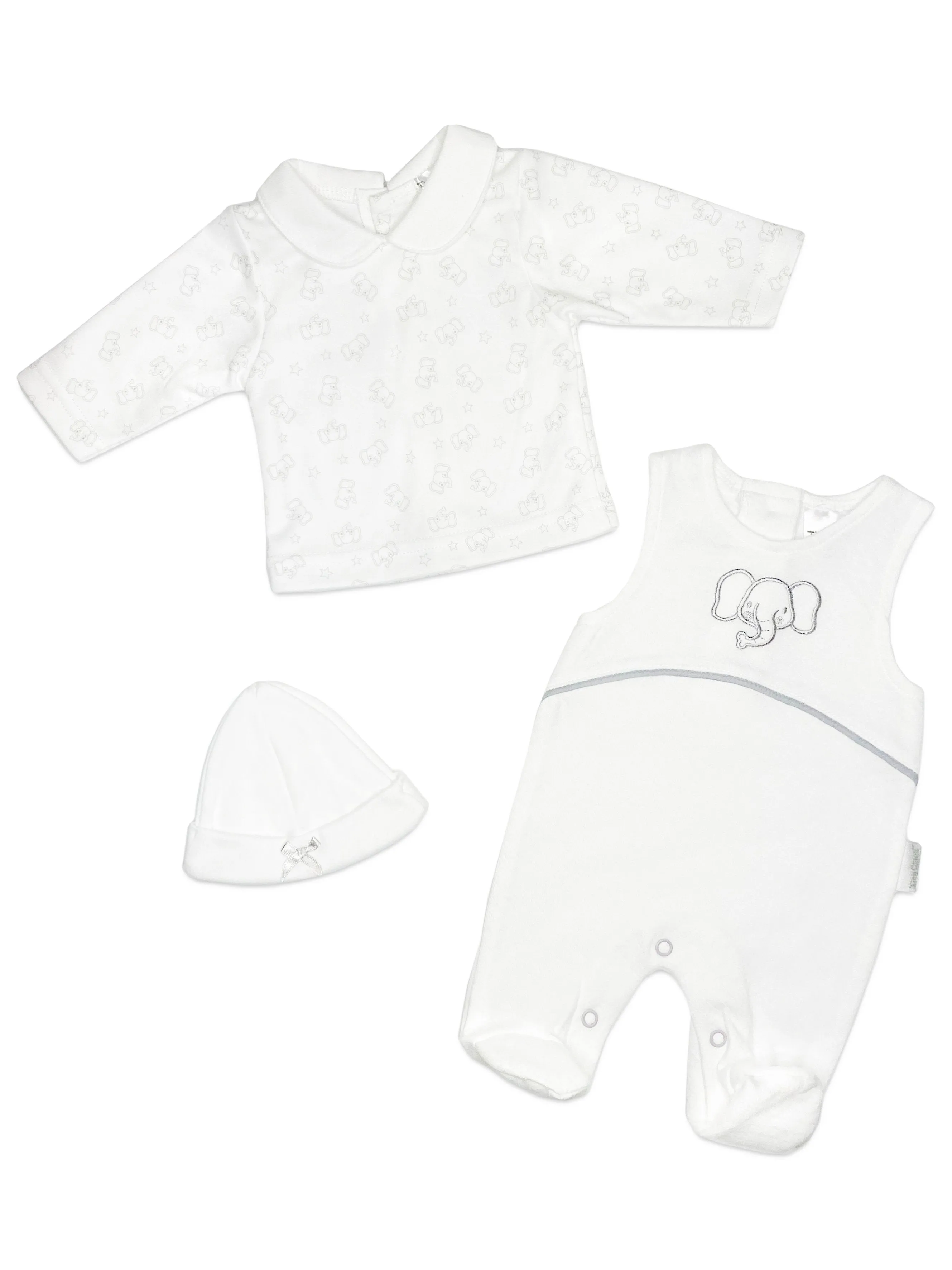 Elephant Dungaree, Long Sleeve Top & Hat - White