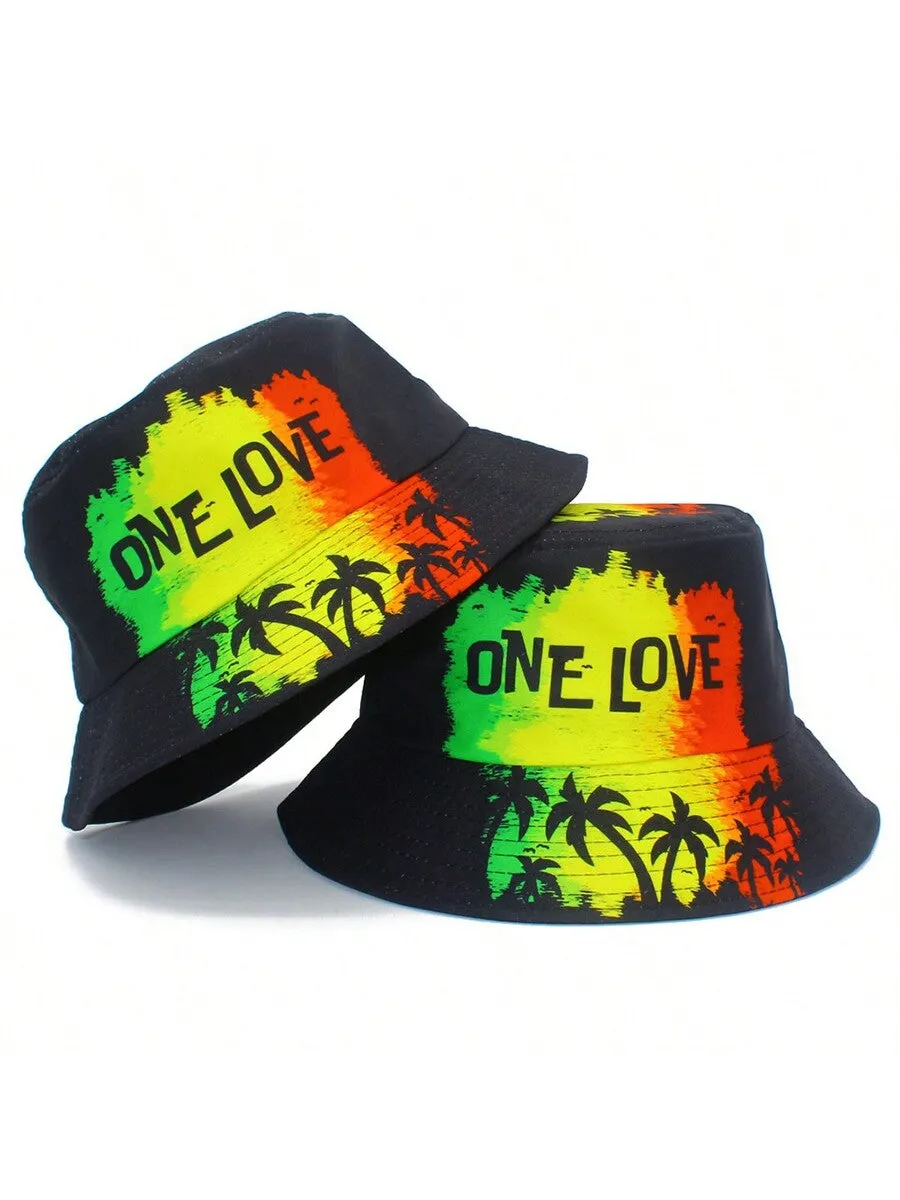 European And American Style ONE LOVE Letter Coconut Tree Printed Fisherman Hat, Personality Sunproof Windproof Sun Hat For Spring And Summer