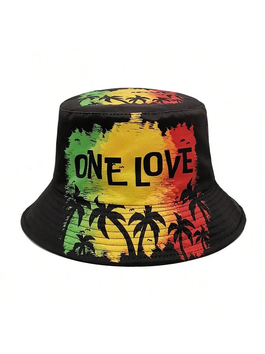 European And American Style ONE LOVE Letter Coconut Tree Printed Fisherman Hat, Personality Sunproof Windproof Sun Hat For Spring And Summer