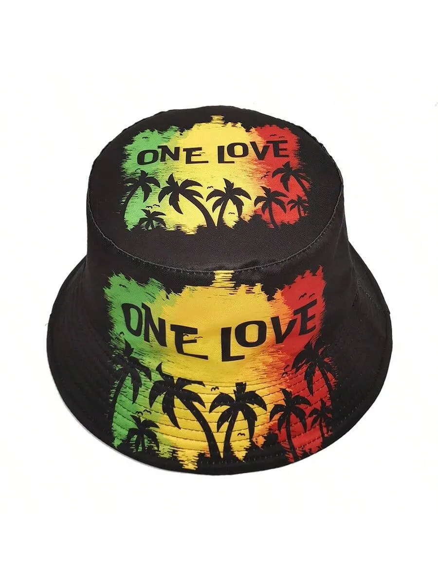 European And American Style ONE LOVE Letter Coconut Tree Printed Fisherman Hat, Personality Sunproof Windproof Sun Hat For Spring And Summer