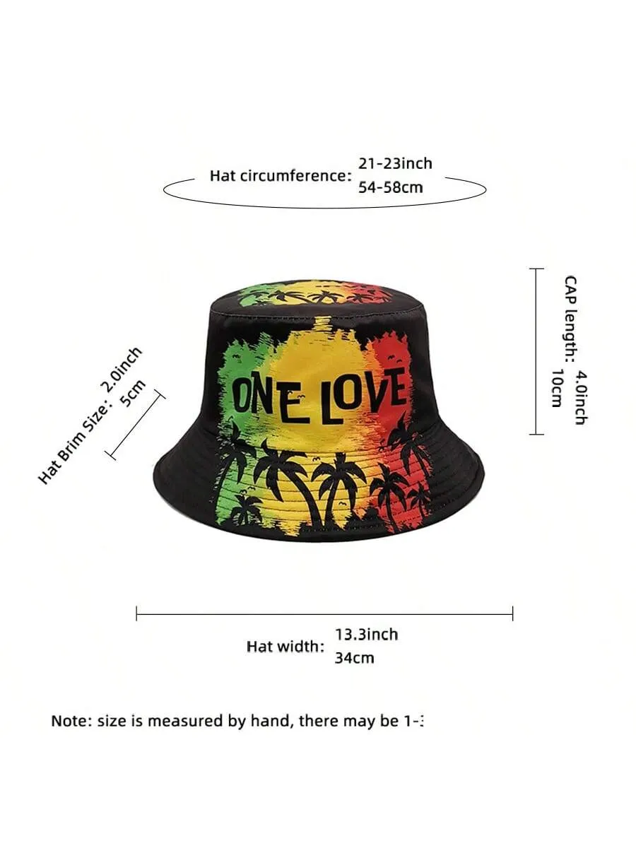 European And American Style ONE LOVE Letter Coconut Tree Printed Fisherman Hat, Personality Sunproof Windproof Sun Hat For Spring And Summer