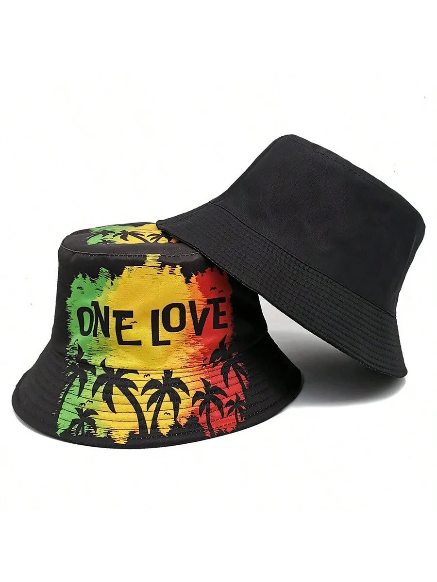 European And American Style ONE LOVE Letter Coconut Tree Printed Fisherman Hat, Personality Sunproof Windproof Sun Hat For Spring And Summer