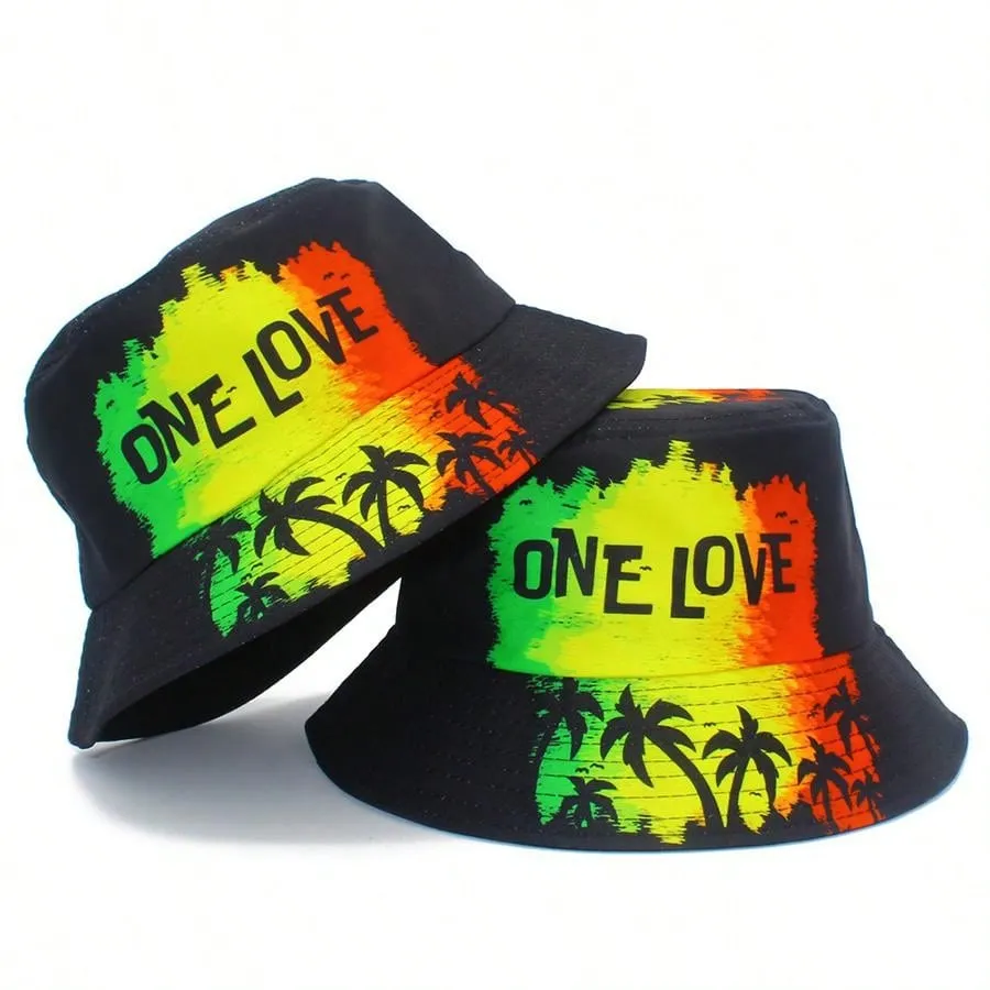 European And American Style ONE LOVE Letter Coconut Tree Printed Fisherman Hat, Personality Sunproof Windproof Sun Hat For Spring And Summer