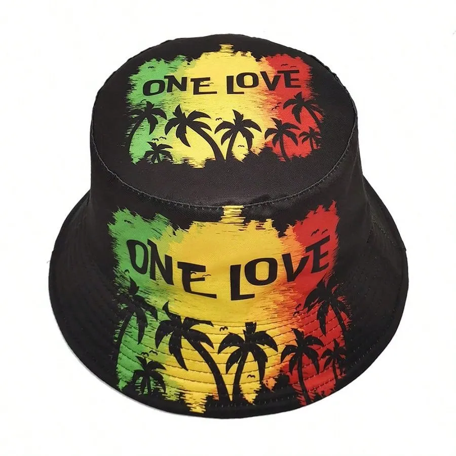 European And American Style ONE LOVE Letter Coconut Tree Printed Fisherman Hat, Personality Sunproof Windproof Sun Hat For Spring And Summer