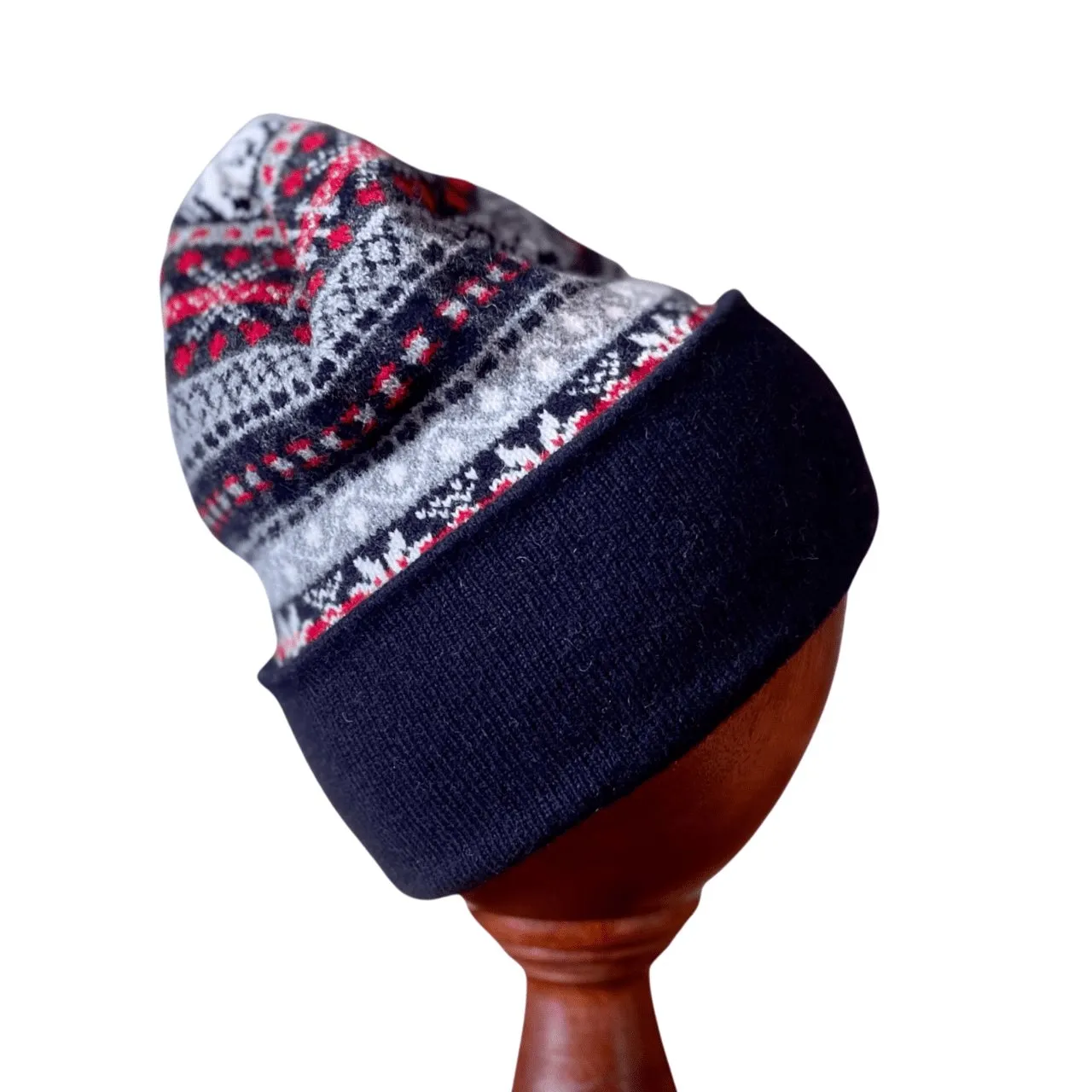 Fair Isle Knit Lambswool Hat - Red & Navy