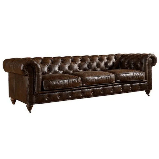 Genuine Leather 3 Seater Chesterfield Sofa  Brown