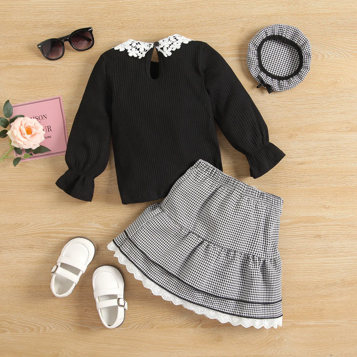 Girls Long Sleeve Knitted Lace Collar Top  Plaid Lace Short Skirt With Hat Three-piece Suit