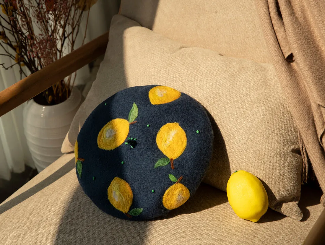 Handmade wool felt lemon Beret by0148