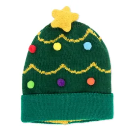 Kids Holiday Green Knitted Hat with Yellow Star & Multi Color Balls