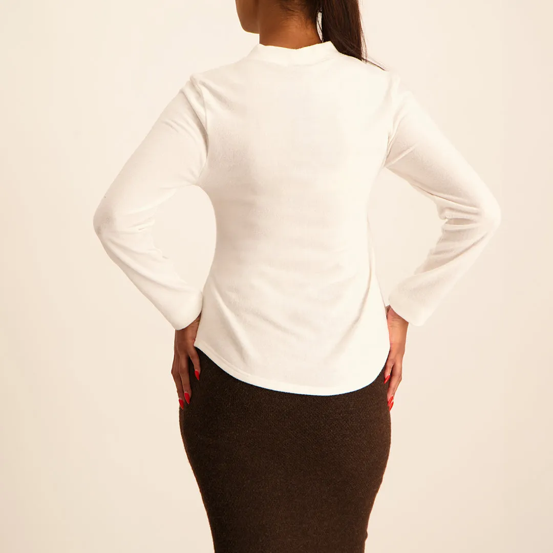 LADIES NOVA WHITE ASYMETRICAL KNITTED TOP WITH TURTLE NECK