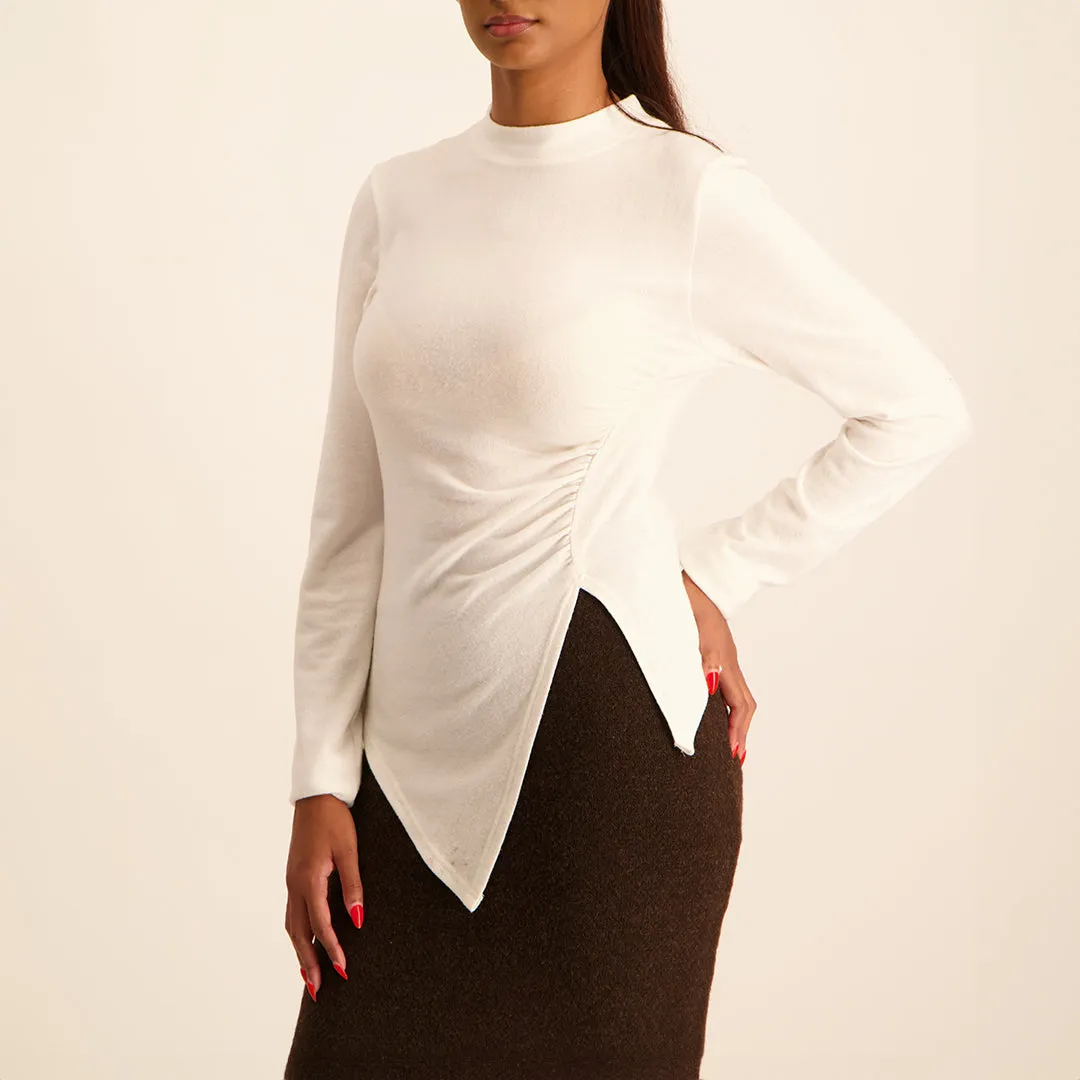 LADIES NOVA WHITE ASYMETRICAL KNITTED TOP WITH TURTLE NECK