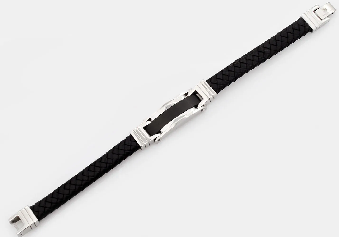 Mens Black Stainless Steel Black Leather Bracelet