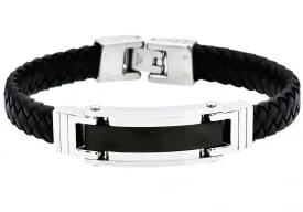 Mens Black Stainless Steel Black Leather Bracelet