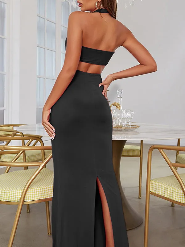 Momnfancy Irregular Cut Out Crop Slit Halter Neck Backless Mermaid Elegant Evening Gown Maternity Photoshoot Baby Shower Party Maxi Dress