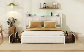 Queen Bed Frame with LED Headboard, Upholstered Bed with 4 Storage Drawers and USB Ports, Beige