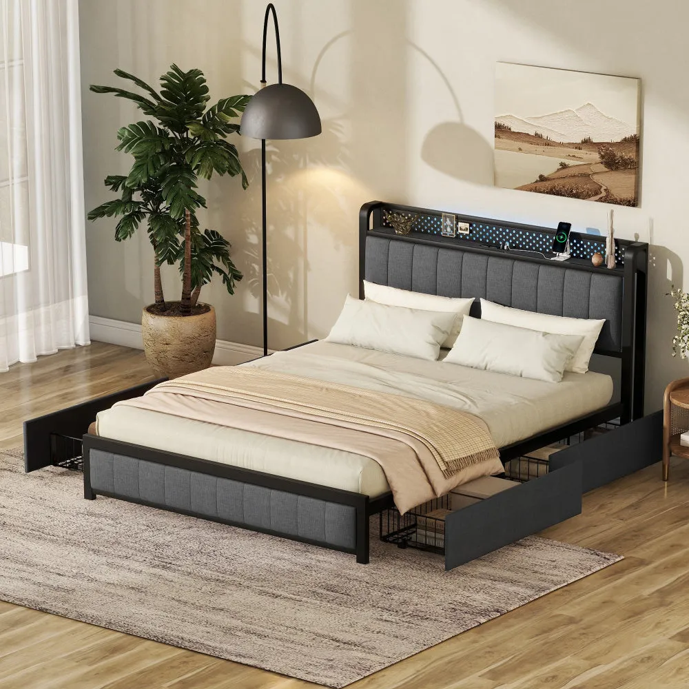 Queen Bed Frame with LED Headboard, Upholstered Bed with 4 Storage Drawers and USB Ports, Beige