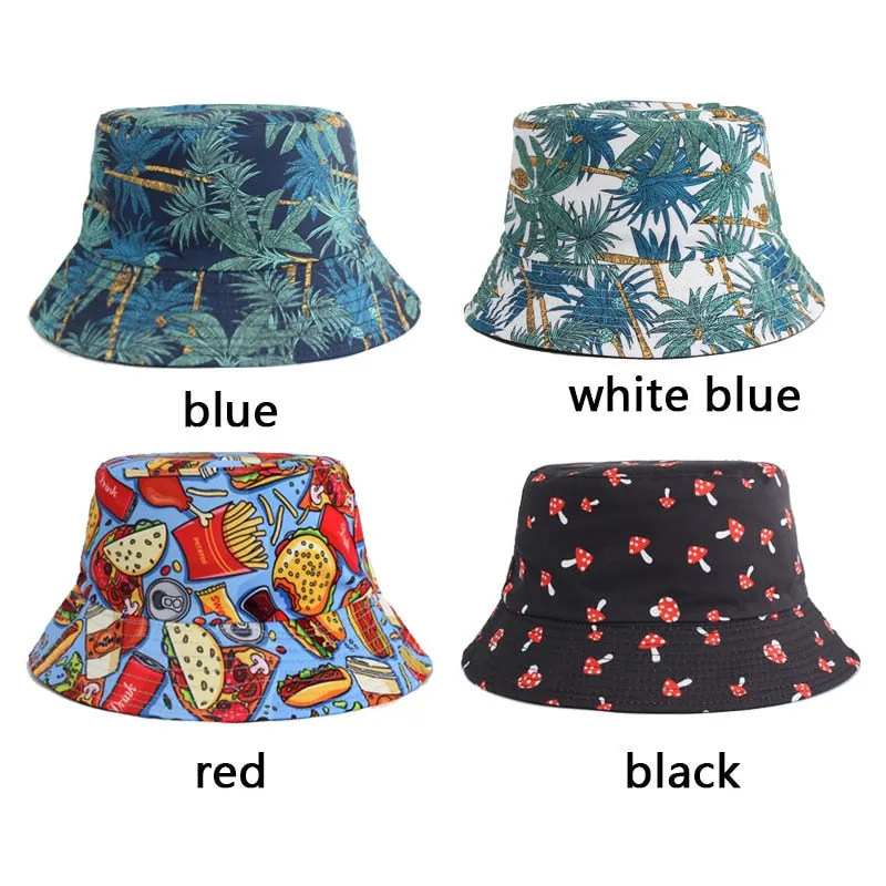 Summer Fisherman Hat Reversible Men Bucket Hats For Women Cap Bob Panama Female Hip Hop Bucket Cap Vintage Printed Fishing Hat