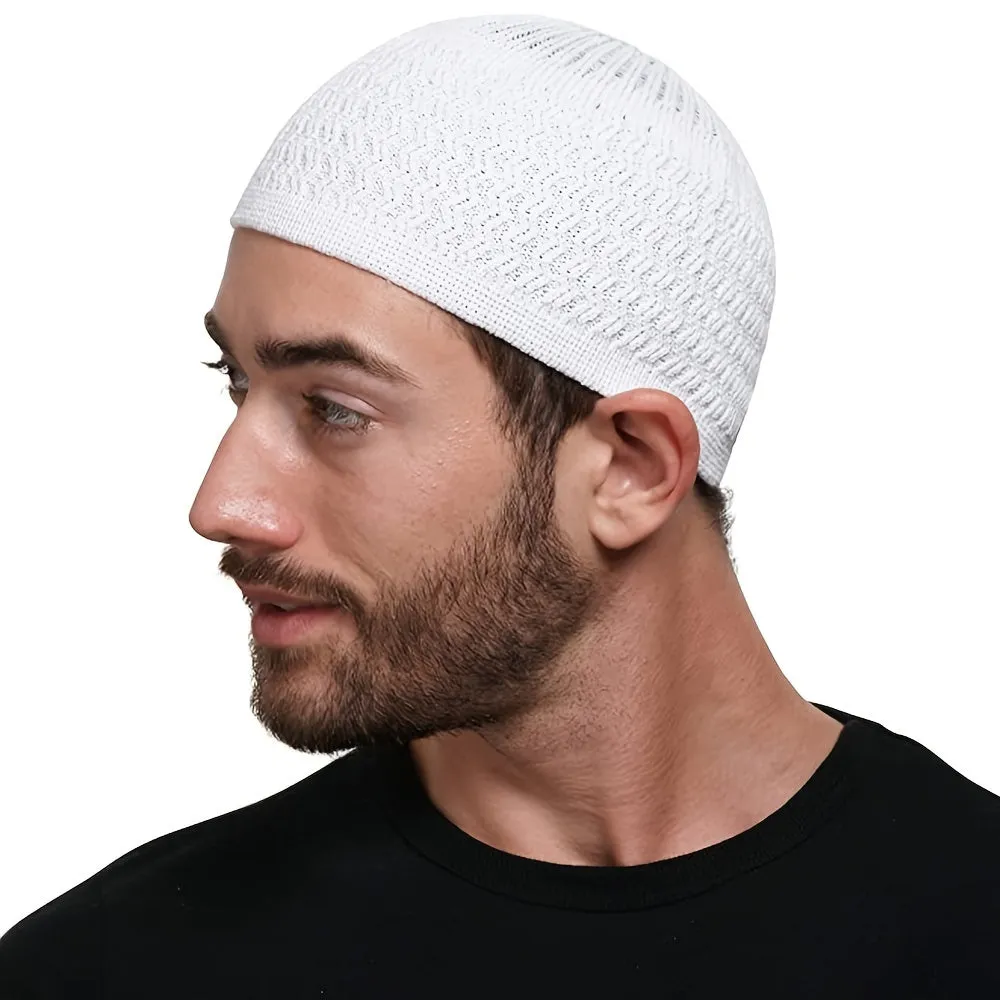 Unisex Acrylic Knitted Beanie Cap - Soft, Warm, Wavy Jacquard Dome Design - Ideal Gift for Spring and Autumn, Muslim Pullover Style, Casual Wear for Men and Women