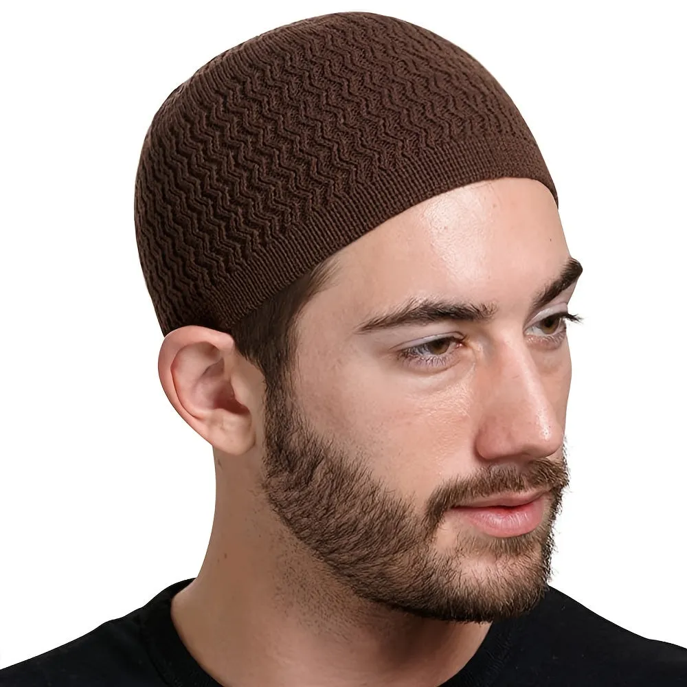 Unisex Acrylic Knitted Beanie Cap - Soft, Warm, Wavy Jacquard Dome Design - Ideal Gift for Spring and Autumn, Muslim Pullover Style, Casual Wear for Men and Women