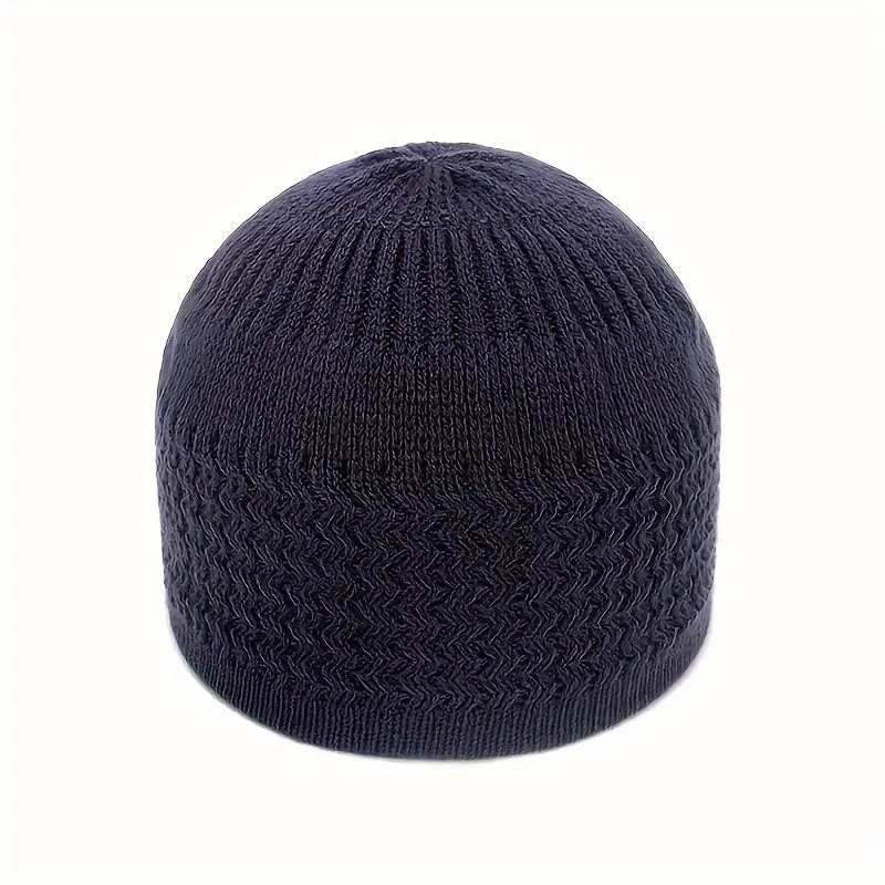 Unisex Acrylic Knitted Beanie Cap - Soft, Warm, Wavy Jacquard Dome Design - Ideal Gift for Spring and Autumn, Muslim Pullover Style, Casual Wear for Men and Women